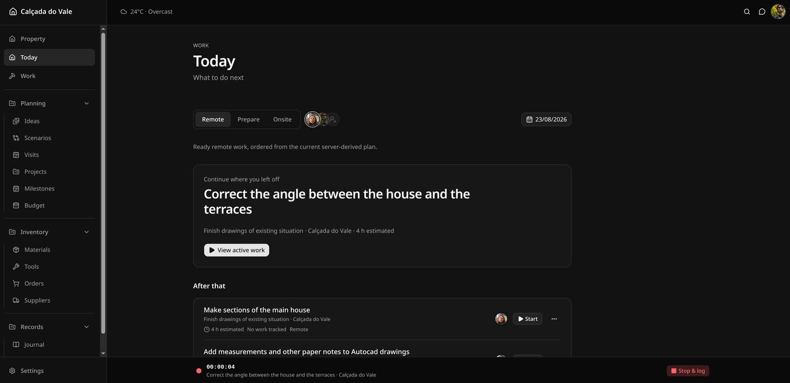 Screenshot of the today page